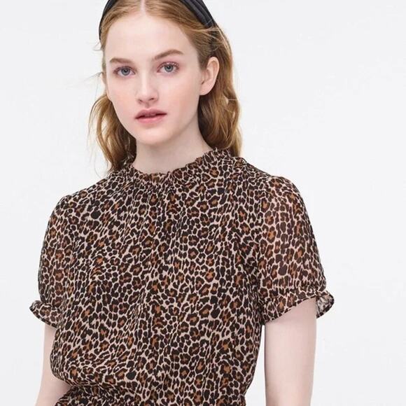 J. Crew Women's Tan Black Leopard Print Ruffle Neck Short Sleeve Peplum Blouse - Picture 2 of 12